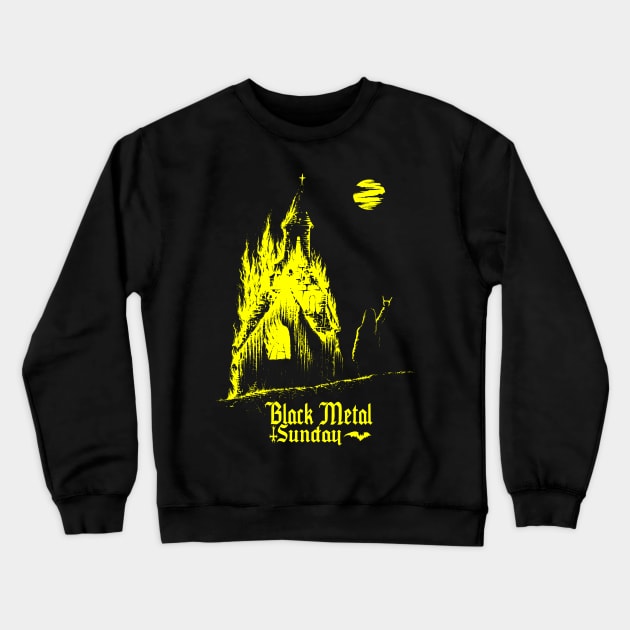 Black Metal Burning Church (yellow version) Crewneck Sweatshirt by wildsidecomix